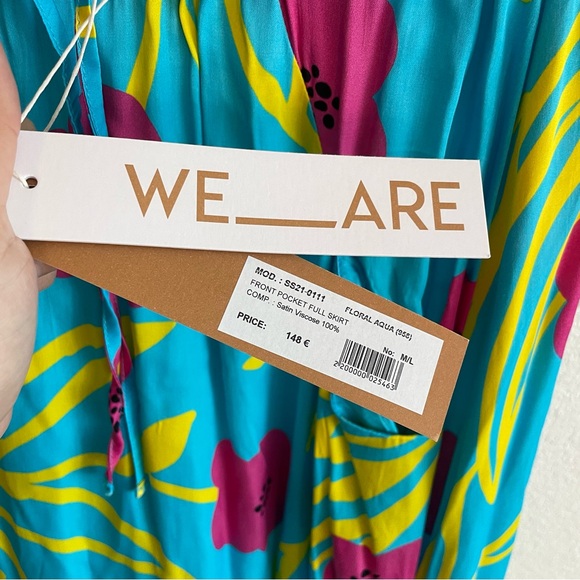 NWT We Are Blue Yellow Floral Front Pockets Satin Viscose Maxi Skirt - Picture 3 of 4